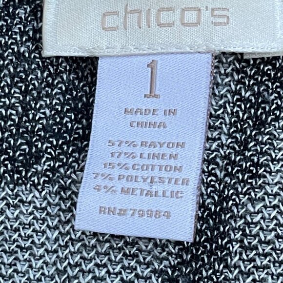 Chico's Women's Size 1 Waterfall Open Front Cardigan Sweater Sequins Black White - Picture 2 of 7
